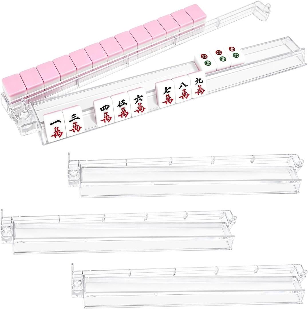 Clear Mahjong Racks with Pushers Set of 4, Acrylic American Mah Jongg Accessories and Gifts, All-in-One Mahjong Tile Holder for 1.2-inch American Mahjong
