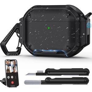 for AirPods Pro 3 Case IPX8 Waterproof with Safety Lock & Phone Stand, Rugged Tough Hard Shell Case for AirPods Pro 3rd Genertation 2025 Cover with Cleaner & Keychain, Poweful Drop Protection (Black)