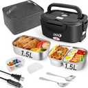 Electric Lunch Box 80W Food Warmer for Work, 12V/24V/110V Portable Lunch Warmer for Adults with 2-Pack Stainless Steel Containers, Heated Lunch Box for Car/Truck/Office/Outdoors (Black+Black)