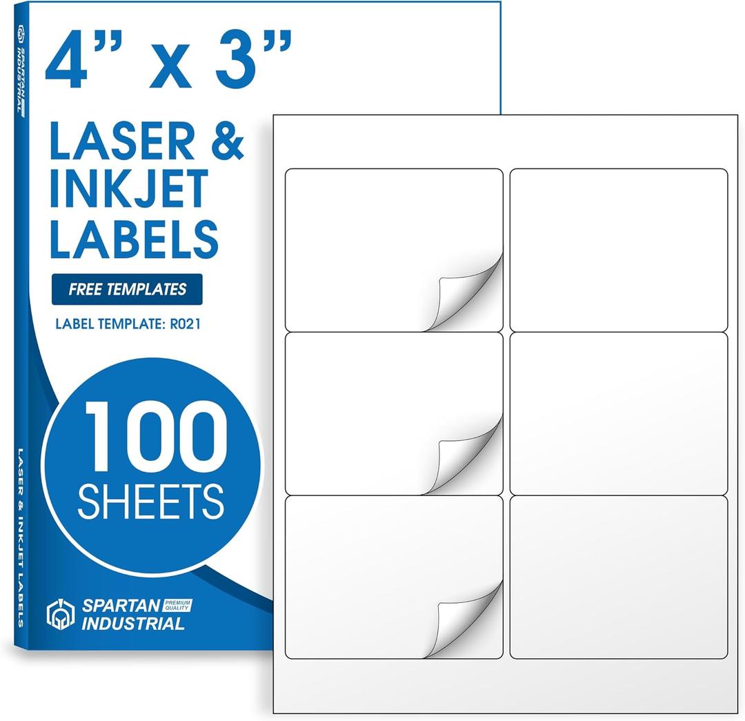 4" X 3" Matte White Printable Labels Compatible with Inkjet and Laser Printers - 100 Sheets, 600 Total Paper Stickers for Shipping, QR Codes, and Barcodes - Spartan Industrial