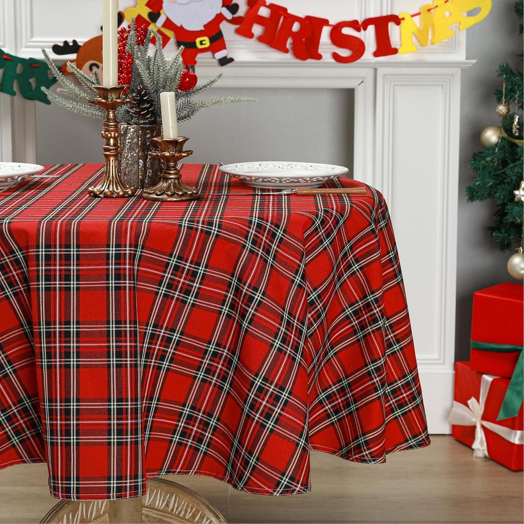 Scottish Tartan Striped Round Tablecloth 48 Inch Red Check Gingham Table Cloth Farmhouse Country Table Cover for Xmas Dining Room Kitchen Party