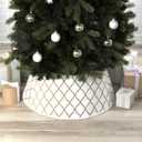 New Traditions White Velvet Christmas Tree Collar with Gold Glitter Quatrefoil Print  26" Diameter Fabric Stand Band for Artificial & Natural Trees  Tree Skirt Alternative, Collapsible