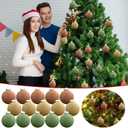 15 Velvet Christmas Ornaments - 3.15 Inch Flocked Balls, Shatterproof Xmas Bulbs - Brown, Green, Beige