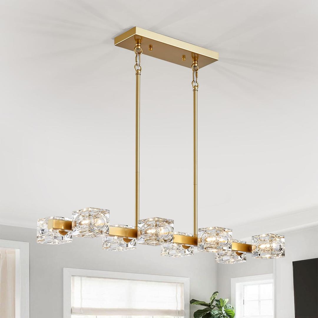 XINGQI 31.5" Gold Chandeliers for Dining Room Over Table Glass 8-Lights Kitchen Island Light Fixture Modern Farmhouse Sputnik Linear Chandeliers for Living Room Bedroom Rectangular