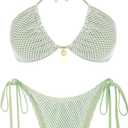 seamoly Women's Bikini Sets Halter Fishnet Shell Decorated Two Piece Swimsuit Sexy Side Tie Thong Bandeau Bathing Suits (L)