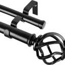 KAMANINA 1 Inch Double Curtain Rod 72 to 144 Inches (6-12 Feet), Black Curtain Rods for Windows 66 to 120, Heavy Duty Telescoping Drapery Rods with Twisted Cage Finials