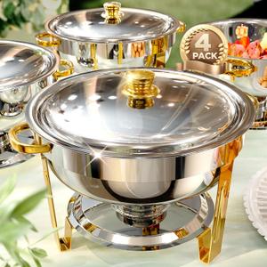 Chafing Dishes for Buffet 4 Pack, 6QT [Worry-Free Assemble] Round Chafing Dish Buffet Set [Elegant Gold and Silver Colors] Stainless Steel Chafers and Buffet Warmers Sets for Parties with Complete Set