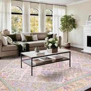 Kokia 9'x12' Area Rugs for Living Room, Stain Resistant Machine Washable Rug, Non Slip Backing Boho Rugs for Bedroom, Printed Soft Vintage Carpet Lilac Lavender Purple 9' x 12' (Lavender/Light Rose/Apricot/Mint)