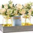 Mkono Mason Jar Lights Centerpiece Table Decor for Dining Room Farmhouse Wood Tray with 3 Jars Flowers Center Pieces Spring Decor for Coffee Table Kitchen Living Room, Grey Blue