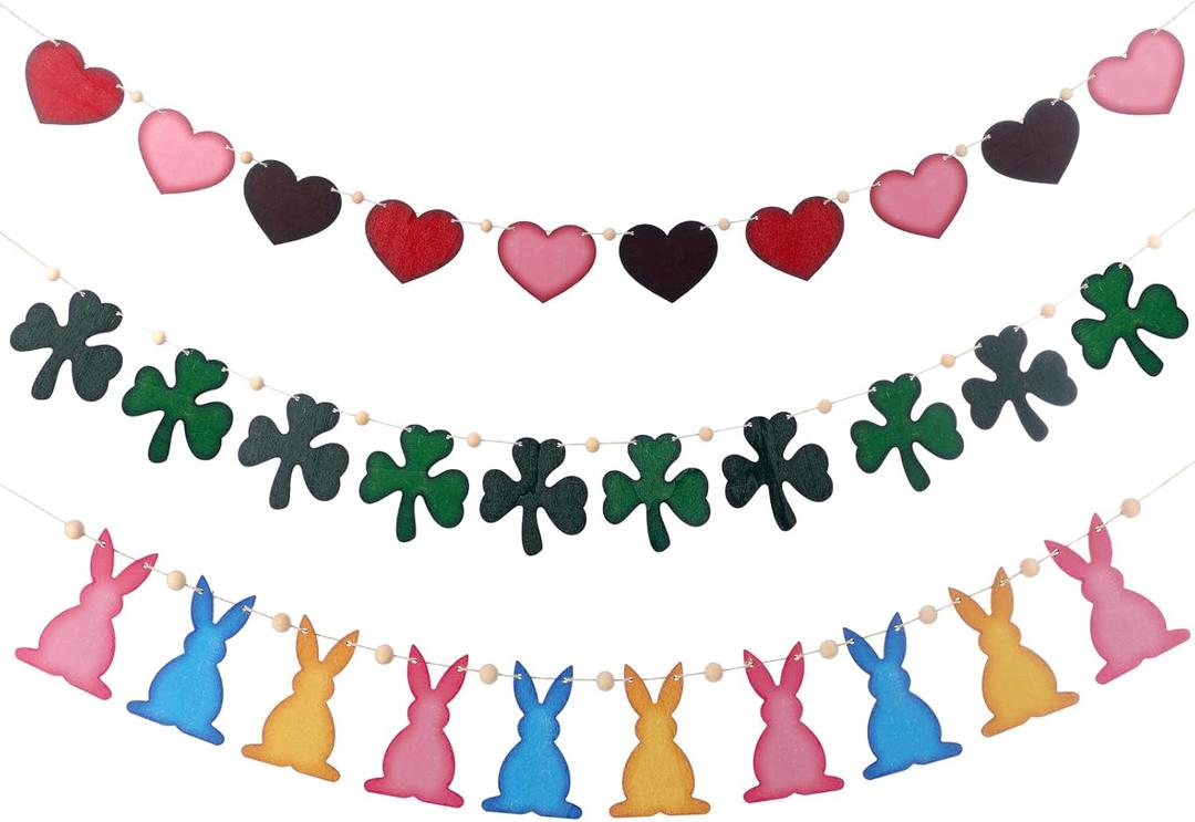 3 Pcs Easter Garlands Wood Bead Bunny Clover Heart Garlands for Easter St. Patrick's Day Valentine's Decorations Spring Wood Hanging Bunny Clover Heart for Mantle (Vintage Style)