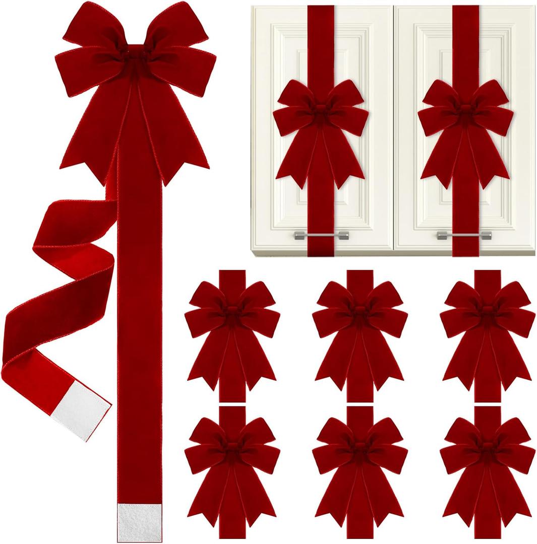 6 Pcs Christmas Velvet Cabinet Door Bows and Ribbons Large Red Black Christmas Door Cabinet Bows for Gifts Xmas Cabinets Furniture Kitchen Party Decorations (Burgundy) (Burgundy)