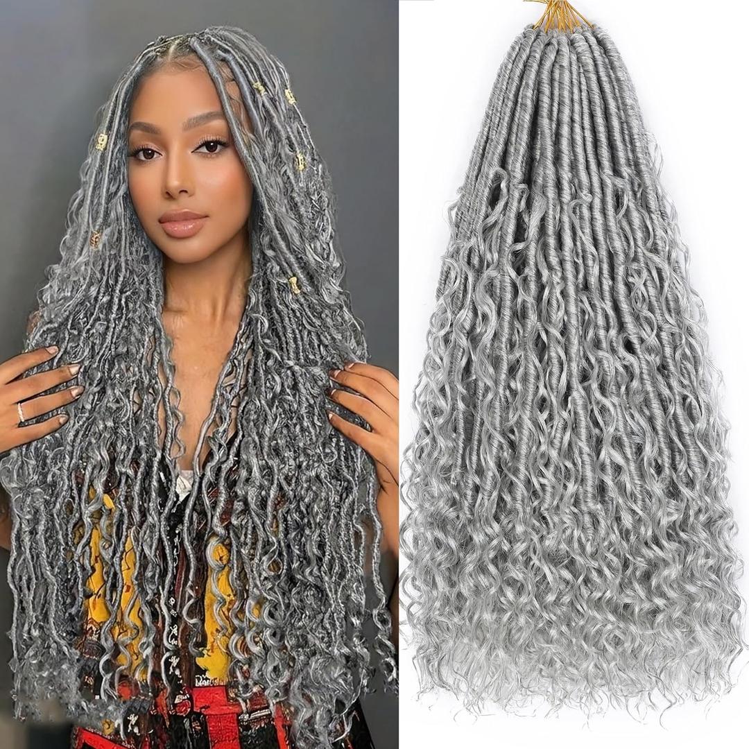 Grey Goddess Locs Crochet Hair 7-Pack Pre Looped Braiding Hair 84 Strands Bohemian Faux Loc Boho Braids River Locs Dreadlocs Hair for Black Women (grey, 24 Inch(Pack of 7))