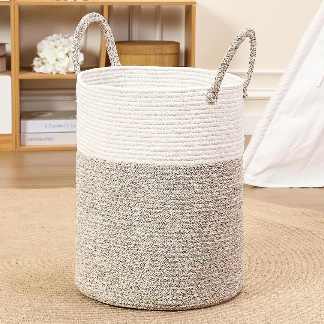 60L Large Woven Laundry Basket Hamper, 100% Natural Cotton Rope, Handwoven & Durable, Storage for Blankets, Toys, Clothes, Nursery Hamper for Living Room, Baby Room, Bedroom (Brown and White)