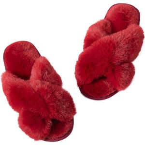 Womens Cross Band Slippers Cozy Furry Fuzzy House Slippers Open Toe Fluffy Indoor Shoes Outdoor Slip on Warm Breathable Anti-skid Sole (Red)