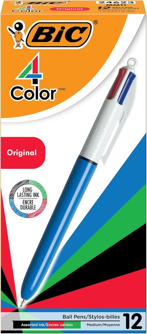 BIC 4-Color Original Retractable Ball Pens, Medium Point (1.0mm), 12-Count Pack, Retractable Ball Pen With Long-Lasting Ink