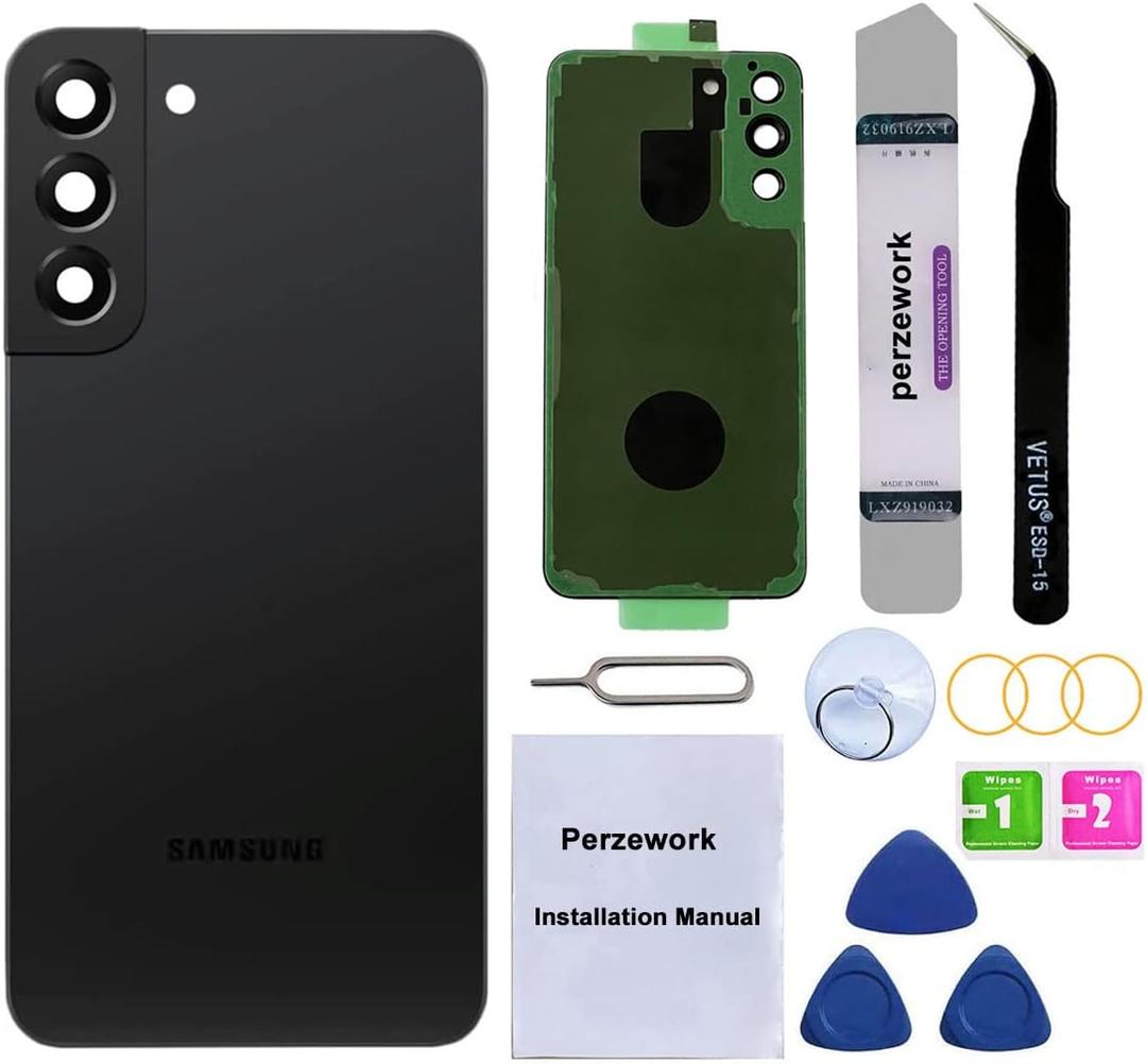 Rear Back Glass Replacement for Samsung Galaxy S22 Plus 6.6 inches 5G with Reparing Toolkit and Pre-Installed Adhesive (Phantom Black)