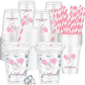 Domensi 50 Pcs One Silly Goose Birthday Party Plastic Cup 12 oz Pink Bow Goose Thick Clear Cup Mugs First Birthday Table Decorations Party Favor