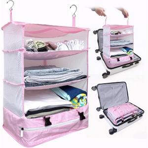 Grand Fusion Stow-N-Go Packing Organizer for Luggage, Portable Hanging Travel Shelves, Carry-On Closet, Hanging Packing Cubes, Collapsible Carry-On Organizer for Cruises & Hotels Pink - XL