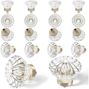 Crystal Vintage Cabinet Knobs Cabinets Knob, 16 Pack Flower Glass Brushed Nickel Clear Crystals Small Pull for Closet Dresser Drawers Cupboard Wardrobe, Solid Retro Pulls Old Fashioned Drawer Handle