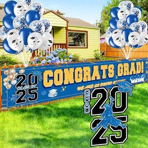 Graduation Yard Signs Class of 2025, Plastic Grad Yard Signs Party Outdoor Lawn Decorations Glitter Congrats Grad Yard Sign with Graduation Banner Balloons for Outdoor, Lawn Party Decor