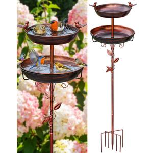 Metal Bird Bath for Outside - Outdoor Garden Decor Birdbath 2-Tier Water Bowl with Copper Finish Stake Adjustable Height 45'' Tall for Yard