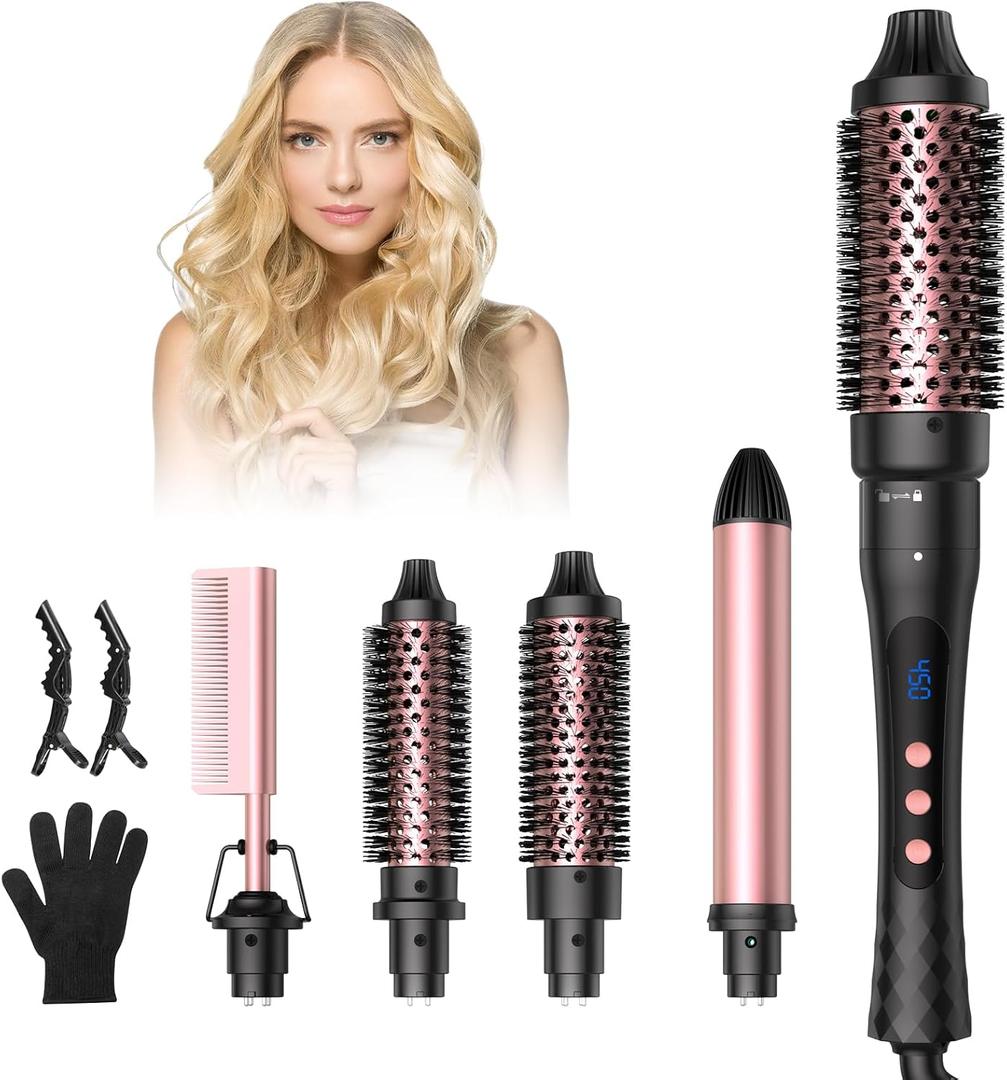 5 in 1 Curling Iron,Curling Wand Set and Thermal Brush Hair Tool,12 Temp Heating Setting Hot Comb,Interchangeable Ceramic Wand Curling Iron 110-240V