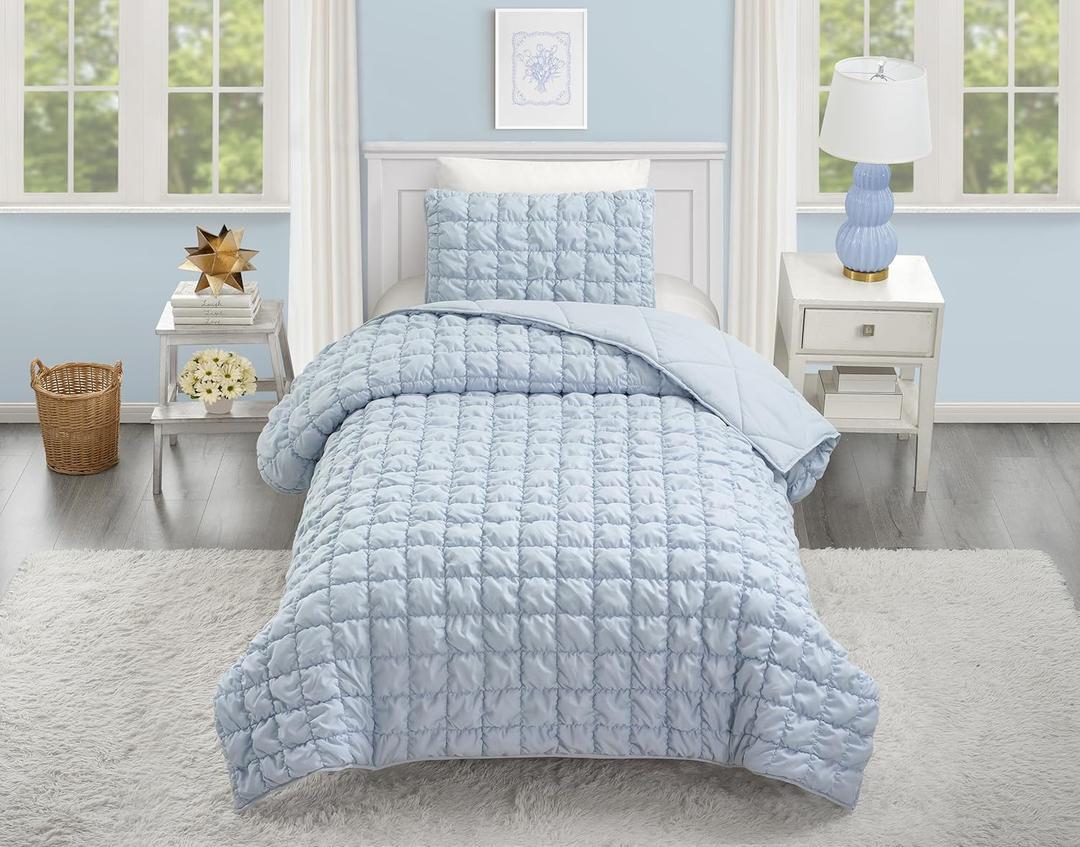 URBAN PLAYGROUND Dreamy Clouds Solid All Seasons Marshmallow Quilt Set, 2 Piece Soft Microfiber Textured Bedding Set for Boys, Girls, Teens - Twin/Twin XL, Puffy Blue