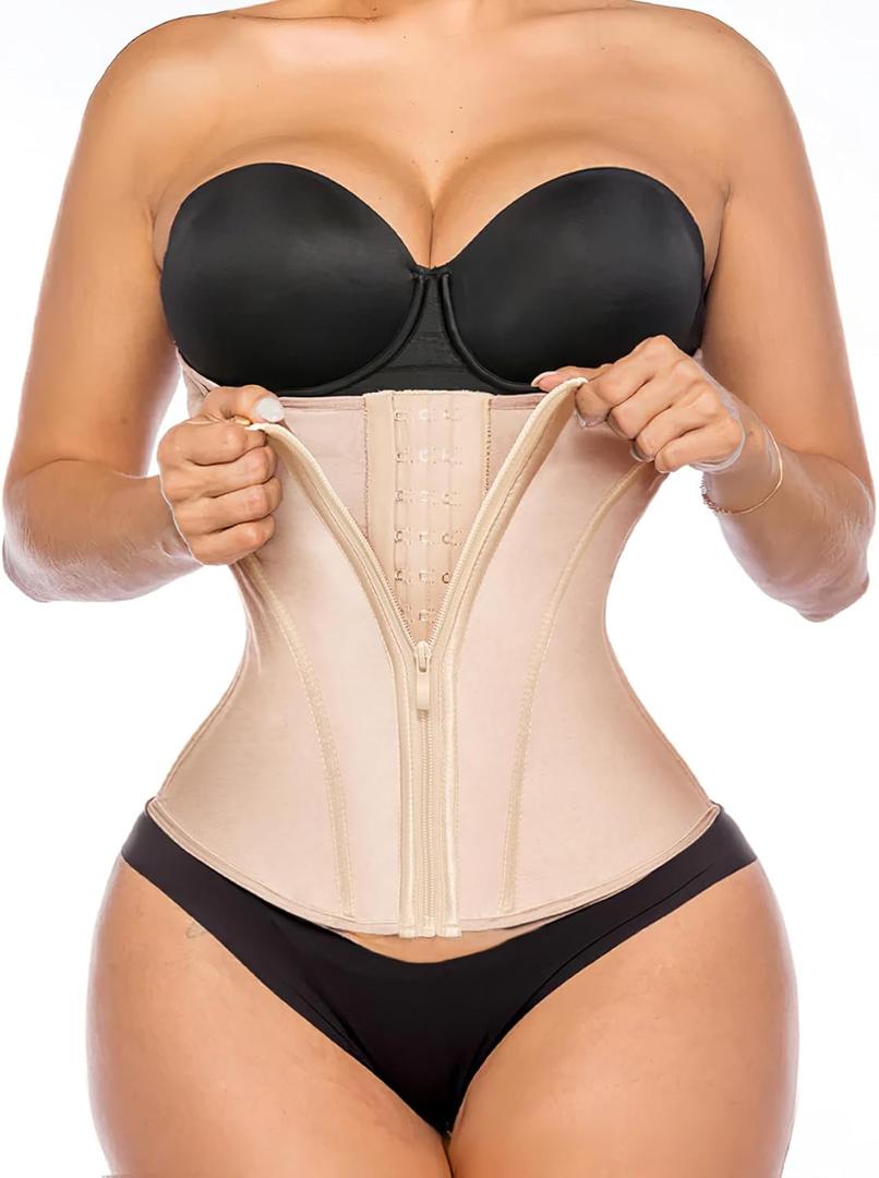 YIANNA Waist Trainer for Women Latex Underbust Tummy Control Waist Cincher Corset Hourglass Body Shaper Zipper and Hooks (Medium, Beige)