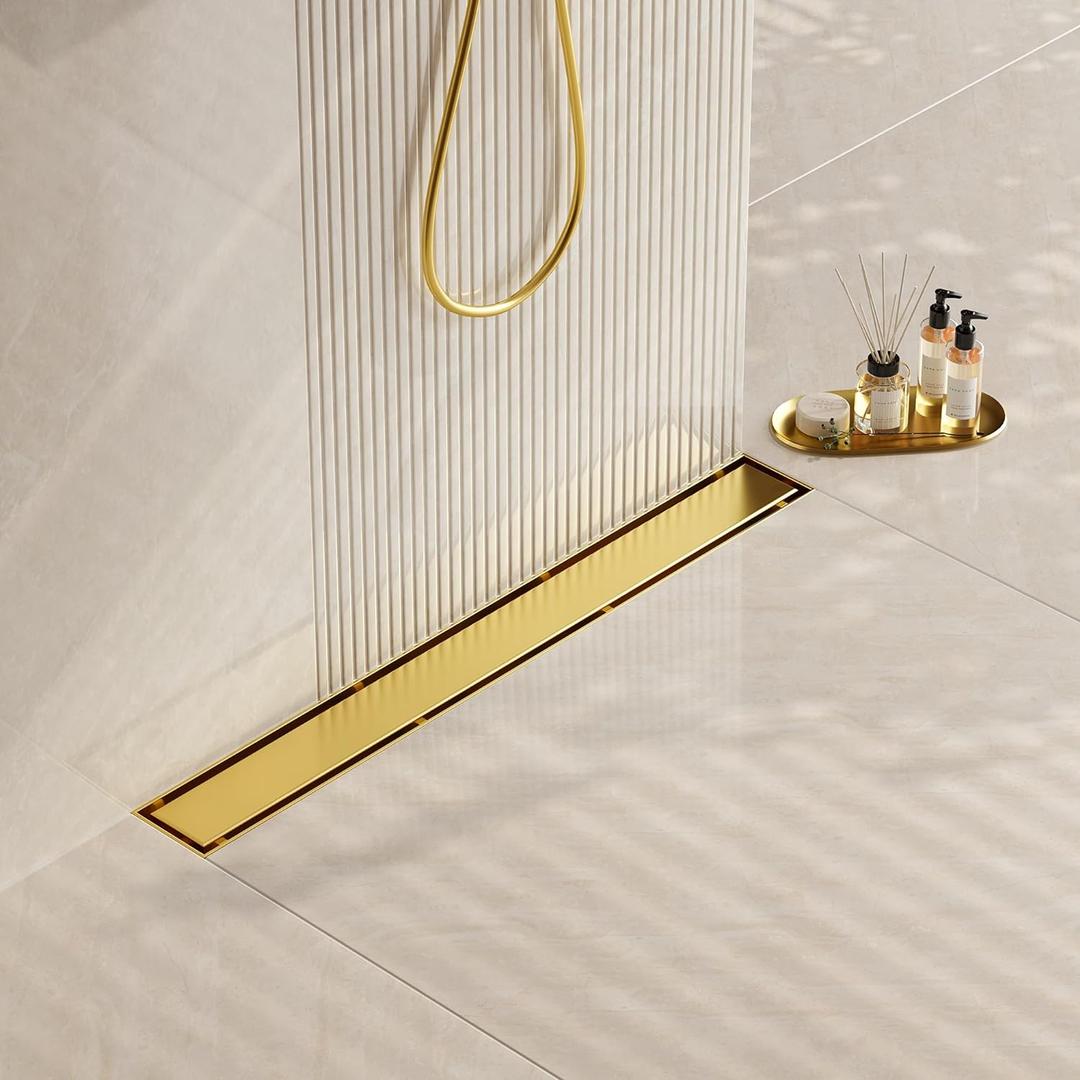 Neodrain 24-Inch Gold Linear Shower Drain, 2-in-1 Flat & Tile Insert Cover, Stainless Steel Linear Drain, Brushed Brass Rectangle Shower Floor Drain with Hair Strainer, Watermark&CUPC Certified Golden, 24 In
