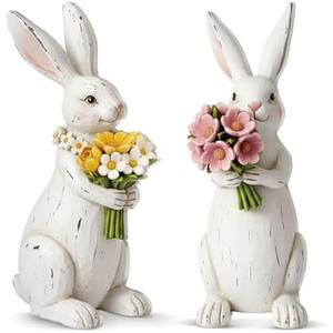 Yuntau 2 Pcs Bunny Figurine White Bunny Decor Wooden Easter Couple Rabbit Figurine Table Decoration Easter Gifts for Spring Holiday Indoor Party Home Table Centerpieces Party Supplies