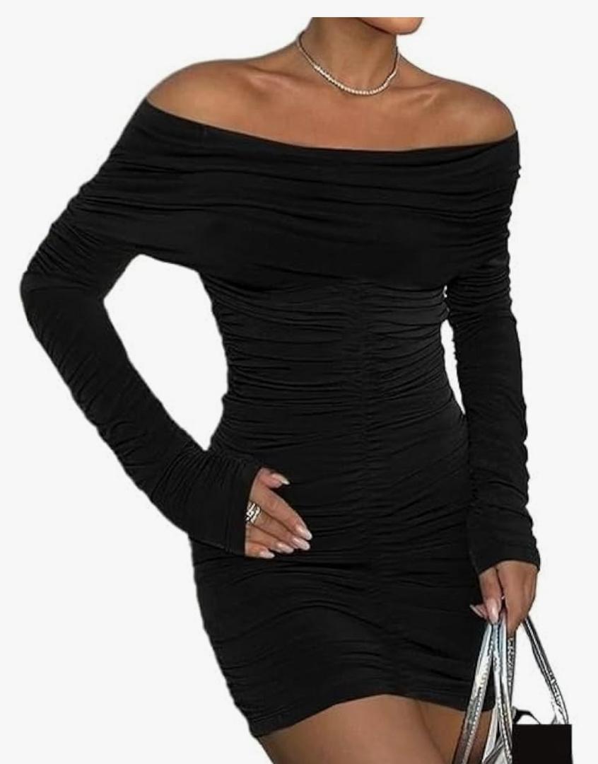 Women's Fashionable and Shoulder Solid Color, Long, Black Dress S