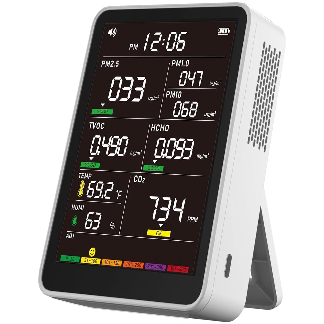 Professional Indoor Air Quality Monitor with AQI Alerts, Portable Real-Time Detector for Home, Car, Plants & Pet