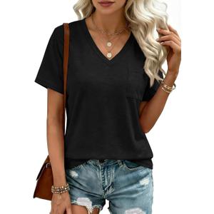 Womens V Neck Tshirts Short Sleeve Loose Casual Summer Tops with Pokcet (XXXL)