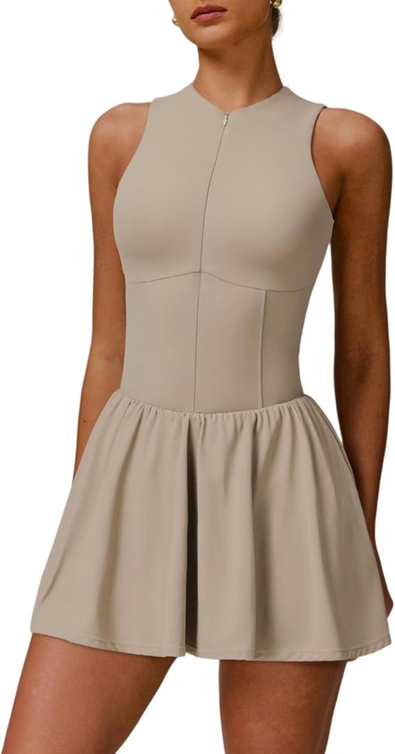 Womens Tennis Golf Dress with Built-in Bra Shorts Zipper Slim Fit A-line Hem Skirt Athletic Dresses with Pockets Small