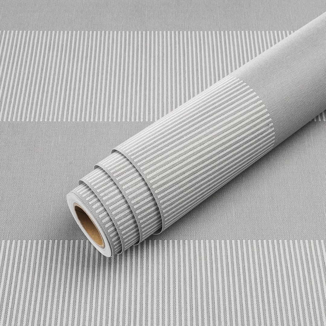 Livelynine 17.5x276 Striped Peel and Stick Wallpaper Grey and White Stripe Wallpaper for Bedroom Bathroom Accent Wall Linen Cloth Fabric Textured Modern Vertical Stripes Contact Paper Self Adhesive