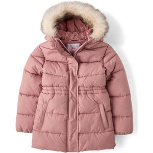 The Children's Place Girls' Water and Wind Resistant Hooded Zip Front Mid Length Puffer Jacket, Faux Fur Lined (Large)