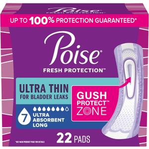 Poise Ultra Thin Incontinence & Postpartum Pads for Bladder Leaks, 7 Drop Ultra Absorbency, Long Length, 22 Count  