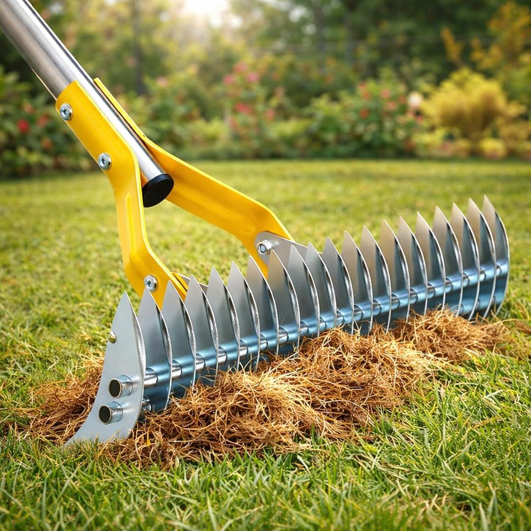 Heavy Duty Thatch Rake for Lawns, 15" Dual-Sided Dethatching Rake with Sharp Steel Tines, Manual Dethatcher and Scarifier Tool for Dead Grass, Moss & Thatch Removal, 70" Adjustable Long Handle
