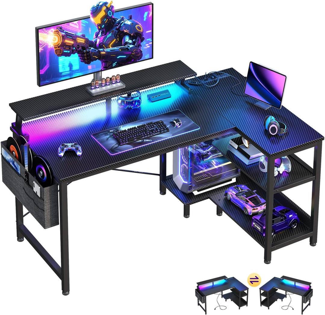 ODK 40 Inch Gaming Desk with USB Power Outlets and LED Lights, Reversible L Shaped Computer Desk with Storage Shelves & Monitor Stand, Corner Home Office Desk Table, Carbon Fiber Surface, Black