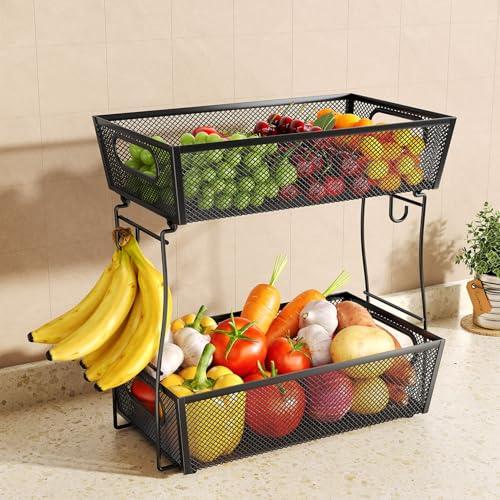 2 Tier Fruit Basket Bowl for Kitchen Counter with 2 Banana Hangers, Countertop Metal Mesh Basket Stand Fruit Holder for Veggies Onion Potato Bread Snack, Black