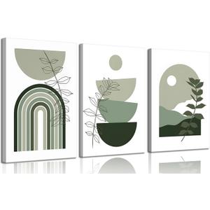 Set of 3 Sage Green Boho Canvas Wall Art Minimalist Botanical Wall Decor Pictures Modern Abstract Neutral Geometric Line Green Leaf Posters Prints for Living Room Bedroom Home Decoration 16x24in
