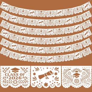 Hahafelt 6 Pack Plastic Mexican Graduation Banner 2026 Grad Papel Picado Party Decoration 118 Feet Black White Grad Cap Congrats Decoration Banner for Middle High Senior Party Supplies