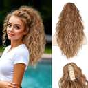 Ponytail Extension 18" Curly Wavy Pony Tail Claw Multi Layered Clip on Ponytail Extension Fluffy Natural Looking Synthetic Hair Piece for Women(Honey Blonde with Golden Highlights)