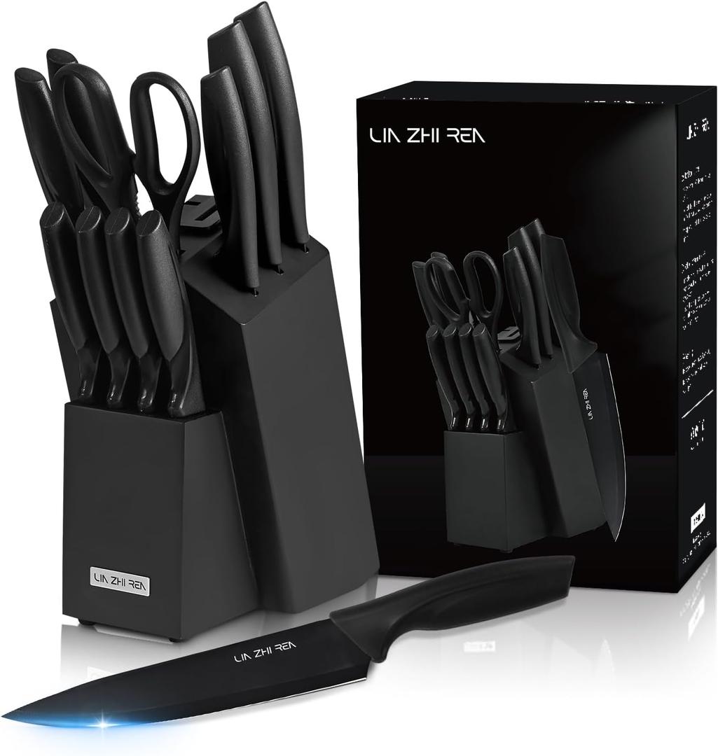 Kitchen Knife Set with block and Sharpener, 13 Pieces German Stainless Steel Knife Block Set for Chopping, Professional Chef Knife, Lightweight, Black Anti-slip Handle, Dishwasher Safe