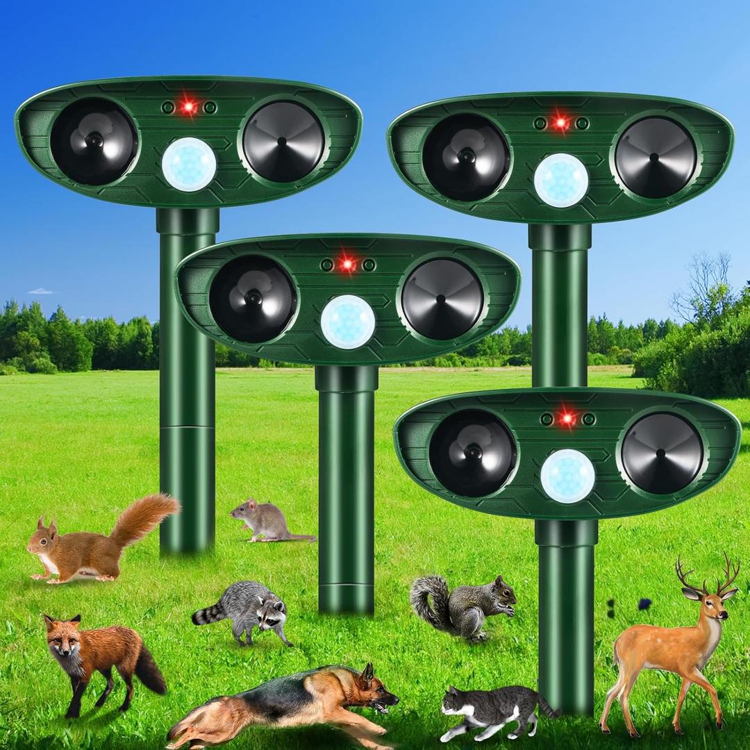 Solar Ultrasonic Animal Repellent Outdoor Cat Deer Repellent with Motion Sensor IP65 Waterproof Squirrel Raccoon Fortress Pro Keep Rodent Rabbit Dog Out of Yard Garden Farm, 4 Pack