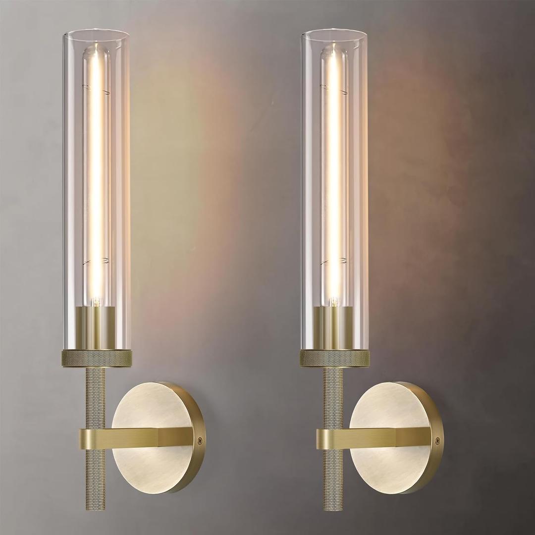 Modern Brass Hardwired Wall Sconces 2 Pack, 20'' Knurled Bathroom Wall Sconce, Indoor Wall Sconce,Copper and Tube Glass Vanity Light, for Living, Bedroom, Hallway, Staircases, Include Bulbs