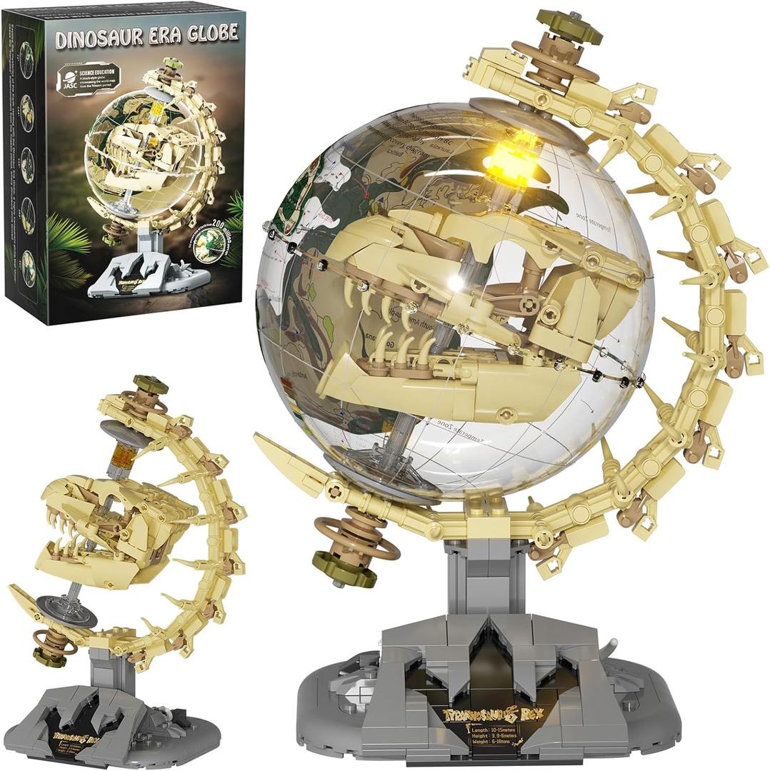 Dinosaur Skull Fossils Globe Building Set,360 Rotatable Globe Display Model with LED Light,STEM Skeleton Model Educational Toy, Gifts for Boys and Girls Ages 14+