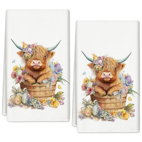 AnyDesign Easter Kitchen Towel 18 x 28 in Cute Highland Cow Floral Dishcloth Seasonal Spring Flower Cow Hand Drying Tea Towel for Holiday Cooking Baking Cleaning, 2Pcs