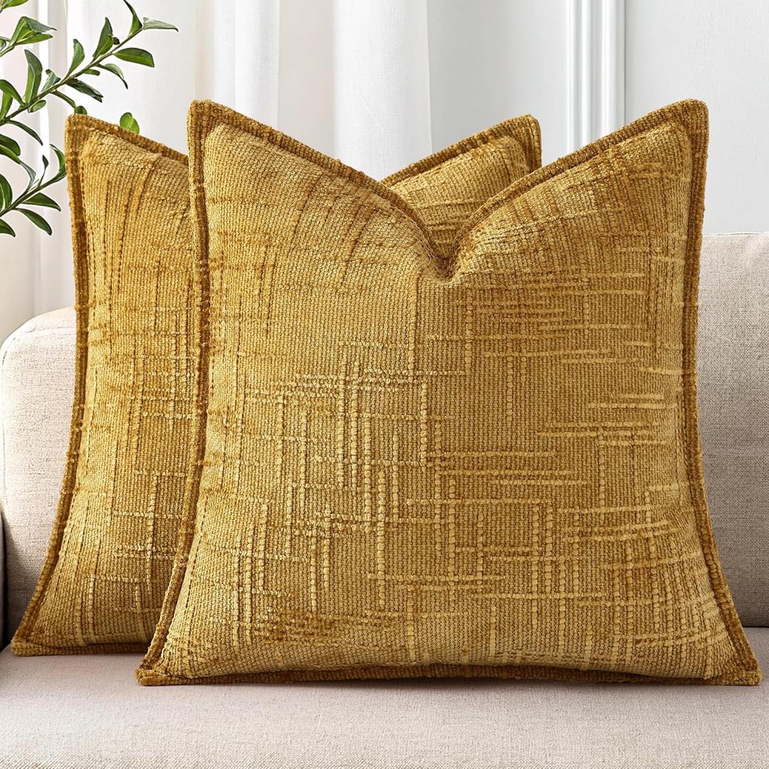 decorUhome Chenille Throw Pillow Covers 18x18 Set of 2, Thick Textured Slubby Neutral Decorative Pillow Covers with Elegant Design for Couch, Sofa, Living Room, Mustard Yellow