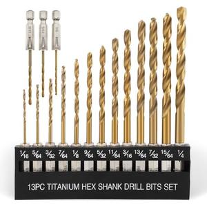 COMOWARE Titanium Twist Drill Bit Set - 16 Pcs Hex Shank High Speed Steel for Wood Plastic Aluminum Alloy, Quick Change, 1/16"-1/4"